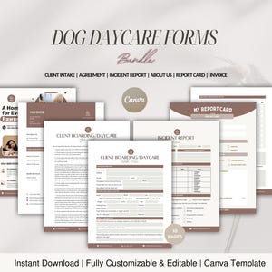 以下が含まれることがあります： 犬のデイケアフォームのバンドル。顧客受付、契約書、インシデントレポート、請求書のテンプレートが含まれています。フォームは茶色と白の色合いで、「Dog Daycare Forms」のテキストが上部にあります。Canvaのロゴが見えます。