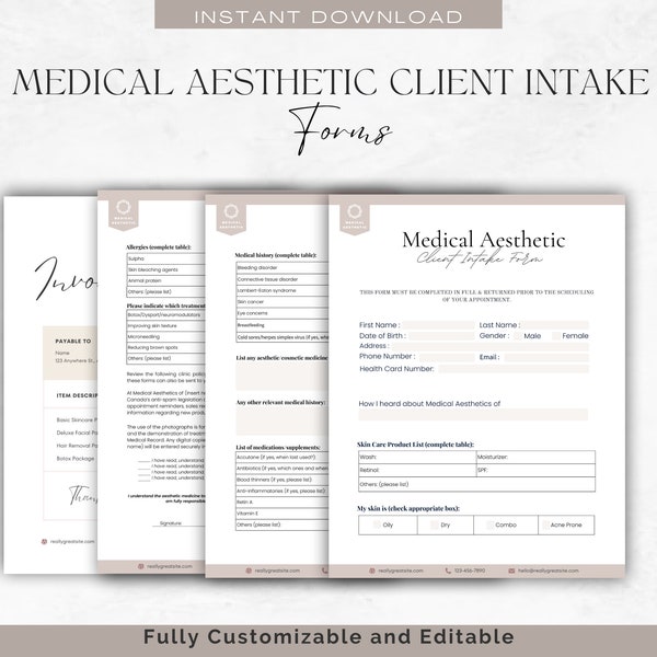 Formulaire d'admission client, esthétique médico-esthétique, Formulaire d'admission client, Formulaire d'admission médicale, Formulaires médicaux, Formulaires esthétiques, Antécédents médicaux, Formulaire Medspa, CANVA