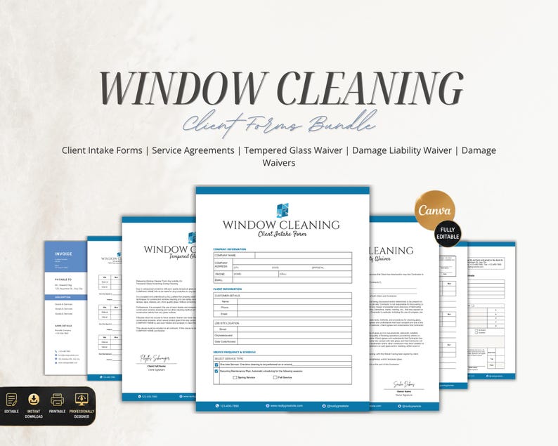 Peut inclure: Un ensemble de formulaires clients pour le nettoyage de vitres comprenant plusieurs mod&egrave;les de documents tels que des fiches d'admission, des contrats de service et des d&eacute;charges de responsabilit&eacute;, enti&egrave;rement modifiables sur Canva.