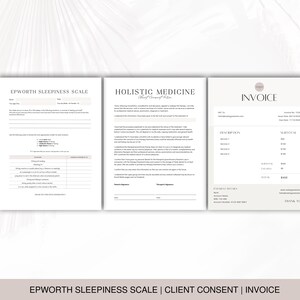 Op de afbeelding: Drie witte documenten: een Epworth Sleepiness Scale, een toestemmingsformulier voor cli&euml;nten van Holistic Medicine en een factuur. De factuur heeft een beige kop met het woord "Invoice". De onderkant van de afbeelding bevat de tekst "EPWORTH SLEEPINESS SCALE | CLIENT CONSENT | INVOICE".