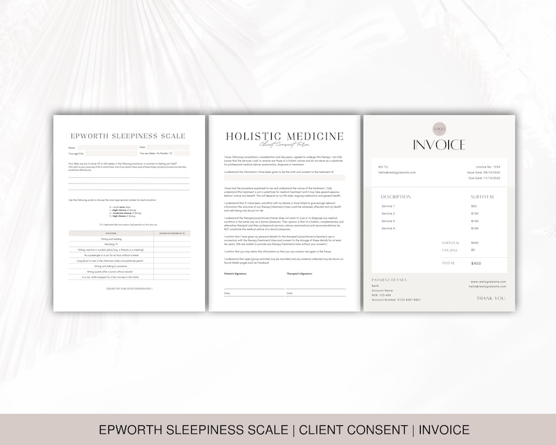 Op de afbeelding: Drie witte documenten: een Epworth Sleepiness Scale, een toestemmingsformulier voor cli&euml;nten van Holistic Medicine en een factuur. De factuur heeft een beige kop met het woord "Invoice". De onderkant van de afbeelding bevat de tekst "EPWORTH SLEEPINESS SCALE | CLIENT CONSENT | INVOICE".
