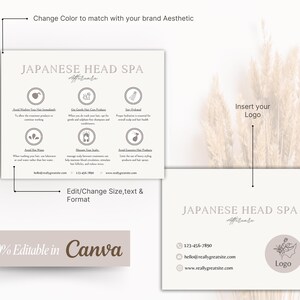 May include: A digital template for a Japanese Head Spa aftercare card featuring two rectangular layouts with light beige backgrounds, dark grey text, and icons. The text includes instructions for hair care, contact information, and placeholders for a logo.