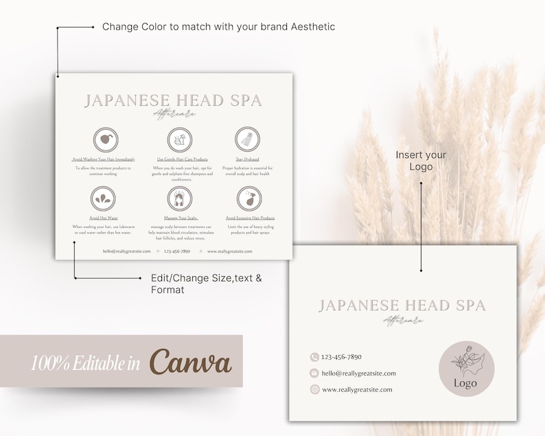 May include: A digital template for a Japanese Head Spa aftercare card featuring two rectangular layouts with light beige backgrounds, dark grey text, and icons. The text includes instructions for hair care, contact information, and placeholders for a logo.