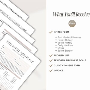 Op de afbeelding: Een stapel witte papieren formulieren met de tekst "HOLISTIC MEDICINE" en "EPWORTH SLEEPINESS SCALE". De formulieren zijn onder een hoek gerangschikt, met een lijst met items zoals een intakeformulier, een probleemlijst en een factuur.