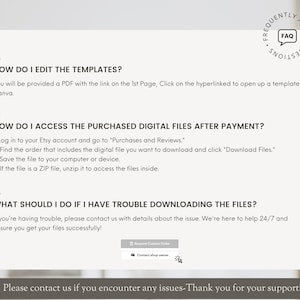 Puede incluir: Un fondo blanco con texto negro que explica c&oacute;mo editar y acceder a los archivos digitales comprados despu&eacute;s del pago. El texto incluye instrucciones sobre c&oacute;mo descargar archivos de Etsy y c&oacute;mo ponerse en contacto con el servicio de atenci&oacute;n al cliente si tiene problemas para descargar archivos.