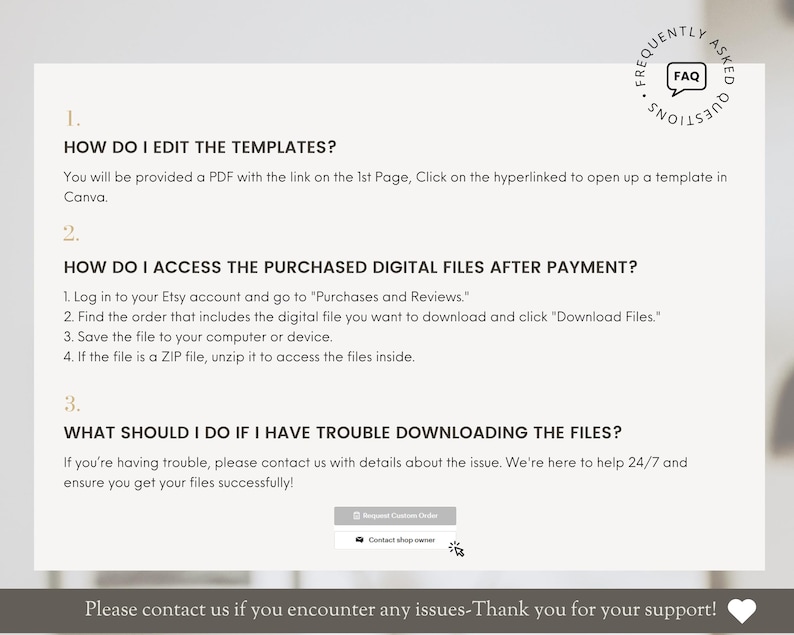Puede incluir: Un fondo blanco con texto negro que explica c&oacute;mo editar y acceder a los archivos digitales comprados despu&eacute;s del pago. El texto incluye instrucciones sobre c&oacute;mo descargar archivos de Etsy y c&oacute;mo ponerse en contacto con el servicio de atenci&oacute;n al cliente si tiene problemas para descargar archivos.