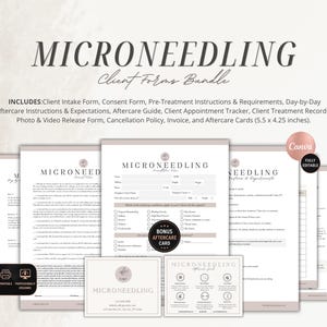 Può includere: Un pacchetto di moduli per clienti di microneedling che include modulo di ammissione, consenso, istruzioni pre-trattamento, guida post-trattamento, registro appuntamenti, cartelle cliniche, modulo di rilascio e schede da 13,97 x 10,8 cm.