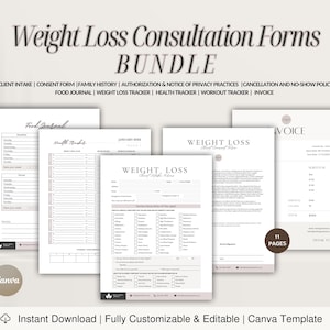 May include: A set of 11 printable weight loss consultation forms in a bundle. The forms include client intake, consent, family history, authorization, notice of privacy practices, cancellation and no-show policy, food journal, weight loss tracker, health tracker, workout tracker, and invoice. The forms are designed in a minimalist style with a pink and white color scheme.