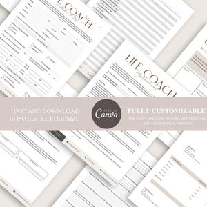 Op de afbeelding: Een set van 10 printbare life coach-sjablonen in letterformaat. De sjablonen zijn volledig aanpasbaar en kunnen zowel voor digitaal als fysiek printen worden gebruikt. De sjablonen omvatten een coachingovereenkomst, een coachinggids en een factuur.