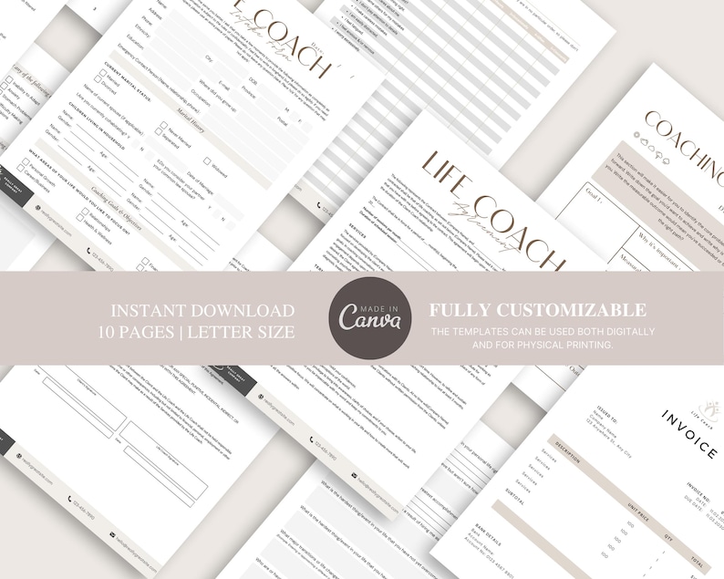 Op de afbeelding: Een set van 10 printbare life coach-sjablonen in letterformaat. De sjablonen zijn volledig aanpasbaar en kunnen zowel voor digitaal als fysiek printen worden gebruikt. De sjablonen omvatten een coachingovereenkomst, een coachinggids en een factuur.