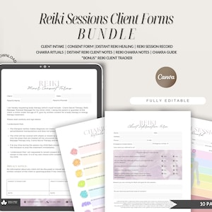 May include: A digital download bundle of printable Reiki client forms. The forms include a client intake form, consent form, distant Reiki healing form, Reiki session record, chakra rituals, distant Reiki client notes, Reiki chakra notes, chakra guide, and a Reiki client tracker. The forms are fully editable and come in 10 pages.
