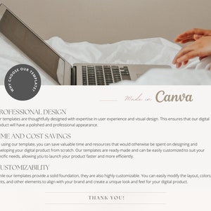 May include: A laptop computer with a white background and the text "Made in Canva" on the screen. The text "Why Choose Our Templates?" is in a circle on the left side of the image. The text "Professional Design", "Time and Cost Savings", and "Customizability" are listed below the laptop. The text "Thank You!" is at the bottom of the image.