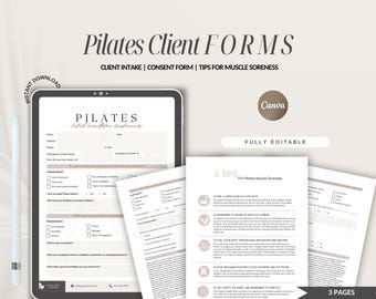 May include: A printable Pilates client form set with three pages. The first page is a client intake form, the second page is a consent form, and the third page has tips for muscle soreness. The forms are fully editable and can be used for a Pilates studio.