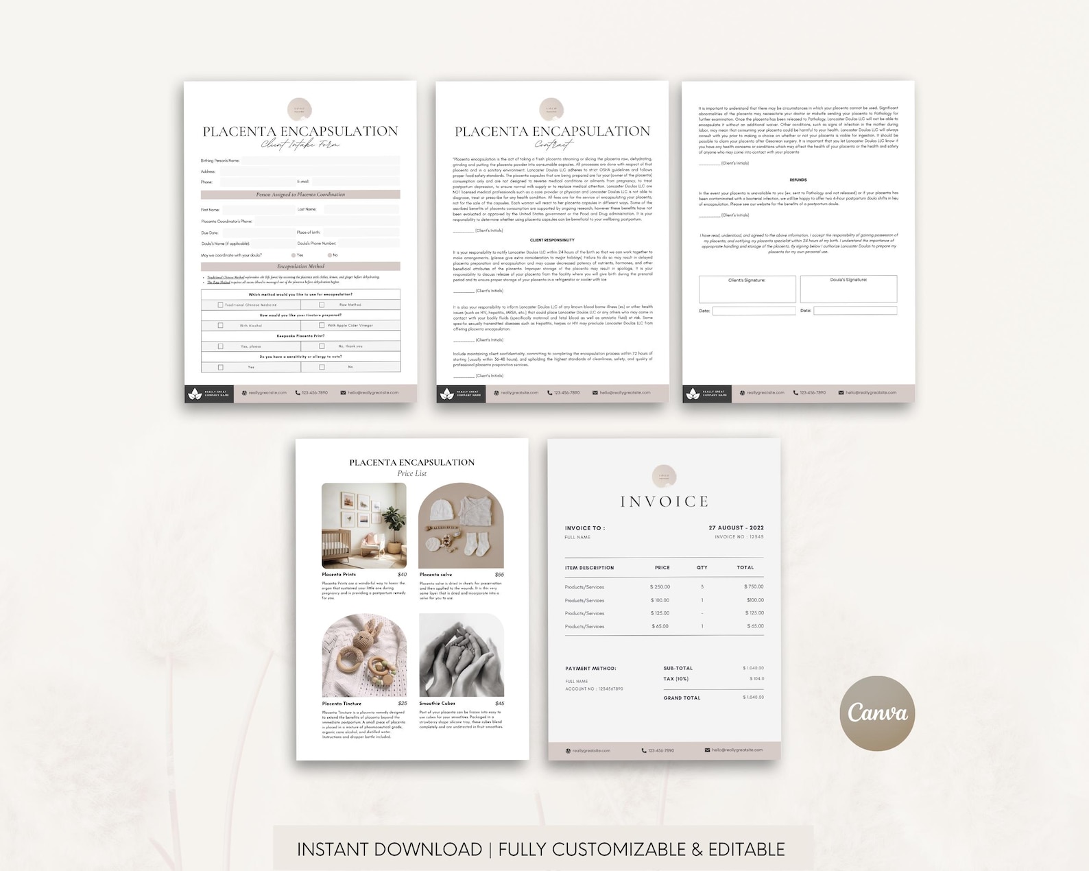 Editable Placenta Encapsulation Forms, Doula Business Templates (canva ...