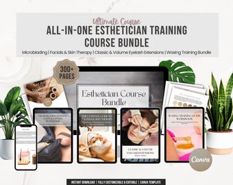 Paquete completo de formación en belleza / Microblading, guía facial, extensiones de pestañas y cuaderno de ejercicios de depilación / Kit editable para curso de esteticista