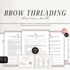 May include: A digital bundle of brow threading client forms including an intake form, consent form, aftercare instructions, cancellation policy, photo and video release form, client treatment and appointment record, and an invoice template.