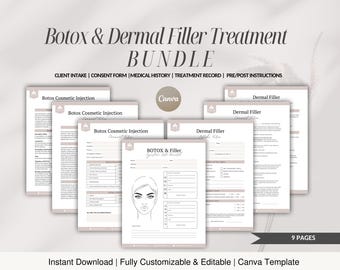 May include: A set of nine printable forms for Botox and Dermal Filler treatments. The forms include a client intake form, consent form, medical history, treatment record, and pre/post instructions. The forms are designed in a minimalist style with a light brown background and black text.