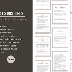 May include: A digital collection of microblading business documents including an intake form, informed consent, aftercare card, cancellation policy, photo and video release, client treatment record, appointment record, pre-procedure advice, and invoice.