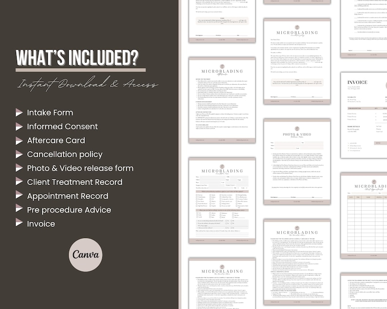 May include: A digital collection of microblading business documents including an intake form, informed consent, aftercare card, cancellation policy, photo and video release, client treatment record, appointment record, pre-procedure advice, and invoice.