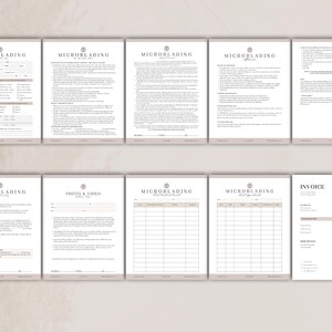 May include: A set of ten printable microblading business forms and documents arranged in two rows. The pages include client intake forms, aftercare instructions, consent forms, photo release agreements, appointment logs, and a professional invoice template.