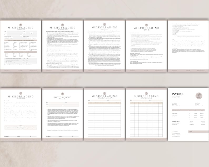 May include: A set of ten printable microblading business forms and documents arranged in two rows. The pages include client intake forms, aftercare instructions, consent forms, photo release agreements, appointment logs, and a professional invoice template.