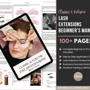 Può includere: Un manuale digitale intitolato "Classic & Volume Lash Extensions Beginner's Manual" con oltre 100 pagine. La copertina presenta una donna che riceve extension per ciglia. Il manuale include istruzione, guida ed elementi essenziali per il business.