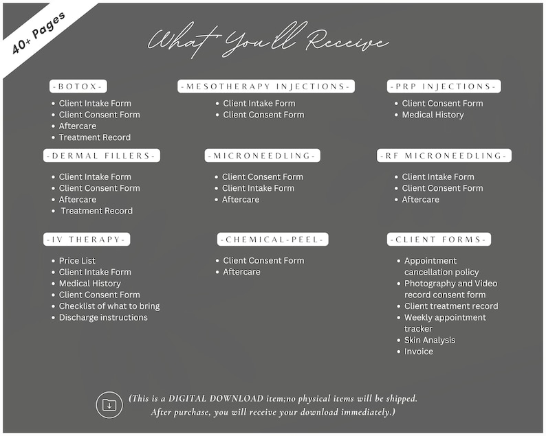 Puede incluir: Una lista de verificaci&oacute;n imprimible gris y blanca de formularios para diversos tratamientos de belleza, que incluyen Botox, rellenos d&eacute;rmicos, terapia intravenosa, inyecciones de mesoterapia, microneedling, inyecciones de PRP, microneedling de RF, peelings qu&iacute;micos y formularios de clientes. El texto "What You'll Receive" est&aacute; en la parte superior de la p&aacute;gina.