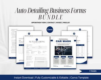 Auto Detailing Forms Bundle, Editable Contract, Invoice, Price List (Canva Template)