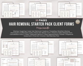 Paquete de formularios para clientes de depilación, formularios para depilación con cera, depilación láser, cuestionario de admisión, consentimiento para el tratamiento y plantillas para esteticistas.