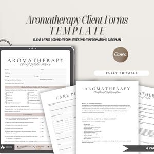 May include: A set of four printable aromatherapy client forms in a minimalist style. The forms include a client intake form, consent form, treatment information, and a care plan. The forms are fully editable and can be used for a variety of aromatherapy services.