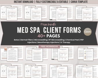 Pacote de Formulários para Clientes de Spa Médico: Formulários de Admissão do Cliente, Questionário de Histórico Médico, Termos de Consentimento, Registros de Tratamento, Instruções de Cuidados Pós-Tratamento