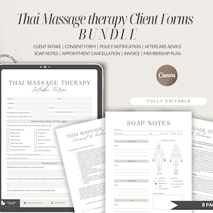 May include: A set of eight printable Thai massage therapy client forms in a light brown and white color scheme. The forms include a client intake form, consent form, policy notification, aftercare advice, soap notes, appointment cancellation form, invoice, and membership plan. The forms are fully editable and can be used for a spa or massage therapy business.