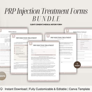 Pode incluir: Um conjunto de cinco formulários imprimíveis para tratamento de injeção de PRP. Os formulários incluem um formulário de consentimento do cliente, um formulário de histórico médico e um formulário de tratamento de injeção de PRP. Os formulários são projetados em um estilo minimalista com um fundo rosa claro e um logotipo de coroa dourada.