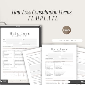 Puede incluir: Una plantilla de formulario de consulta sobre la pérdida de cabello imprimible en tres páginas con un estilo minimalista, fondo blanco y texto negro. La plantilla incluye secciones para información personal, historial médico, historial familiar y otros detalles relevantes. El texto "Formulario de consulta sobre la pérdida de cabello" está en la parte superior de la página. El texto "TOTALMENTE EDITABLE" está en la parte inferior de la página.