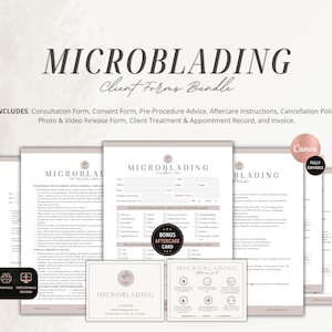 Puede incluir: Un paquete de formularios para clientes de microblading que incluye formulario de consulta, consentimiento, consejos pre-procedimiento, instrucciones de cuidado posterior, política de cancelación, autorización y factura.