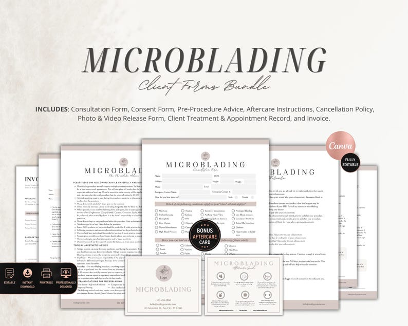 May include: A Microblading Client Forms Bundle featuring a consultation form, consent form, pre-procedure advice, aftercare instructions, cancellation policy, photo and video release form, client treatment and appointment record, and an invoice.