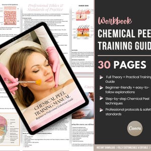 Op de afbeelding: Een digitale tablet toont een handleiding voor chemische peelings met een foto van een persoon die een gezichtsbehandeling krijgt. Op het scherm staat Chemical Peel Training Manual. Daarnaast staat een donker paneel met de tekst Workbook Chemical Peel Training Guide 30 Pages, met opsommingstekens over theorie, praktische technieken en veiligheidsnormen.