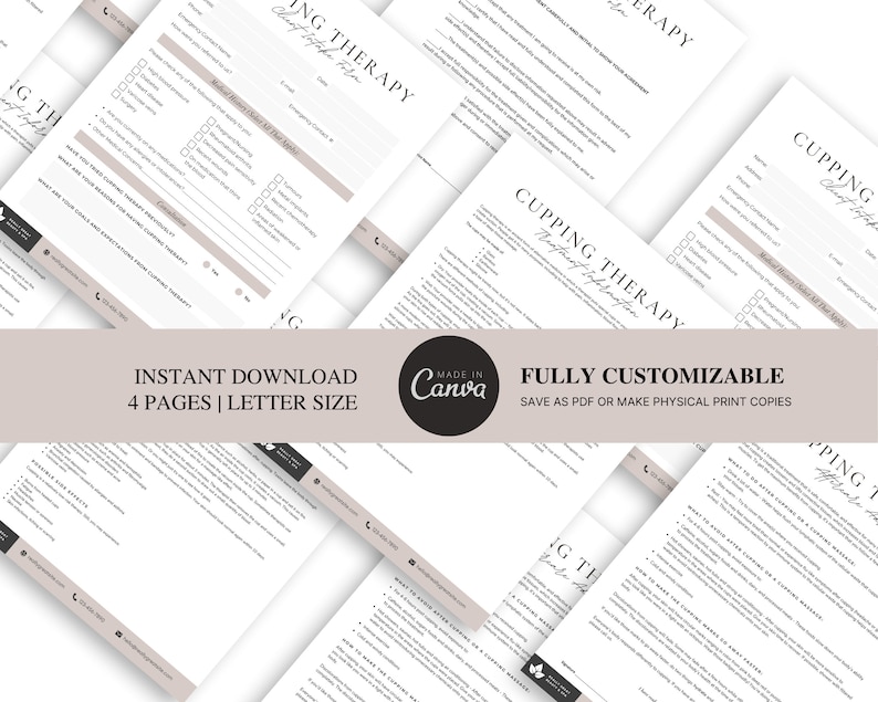 May include: A printable document with the title "Cupping Therapy Client Intake Form". The document includes sections for client information, medical history, and consent.