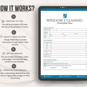 Peut inclure: Un mod&egrave;le num&eacute;rique de formulaire de prise en charge client pour le nettoyage de vitres affich&eacute; sur un &eacute;cran de tablette. Le document comprend des sections pour les informations de l'entreprise, les d&eacute;tails du client et le service.