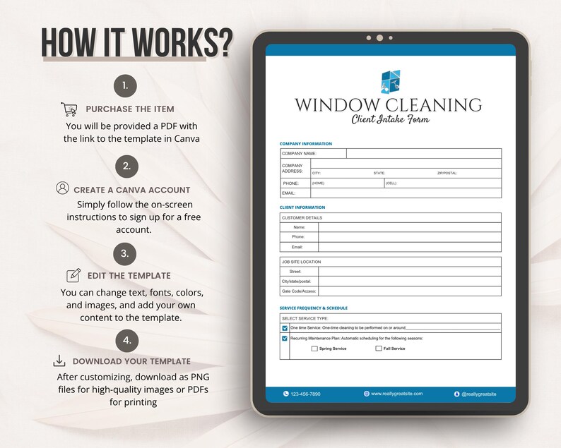 Peut inclure: Un mod&egrave;le num&eacute;rique de formulaire de prise en charge client pour le nettoyage de vitres affich&eacute; sur un &eacute;cran de tablette. Le document comprend des sections pour les informations de l'entreprise, les d&eacute;tails du client et le service.