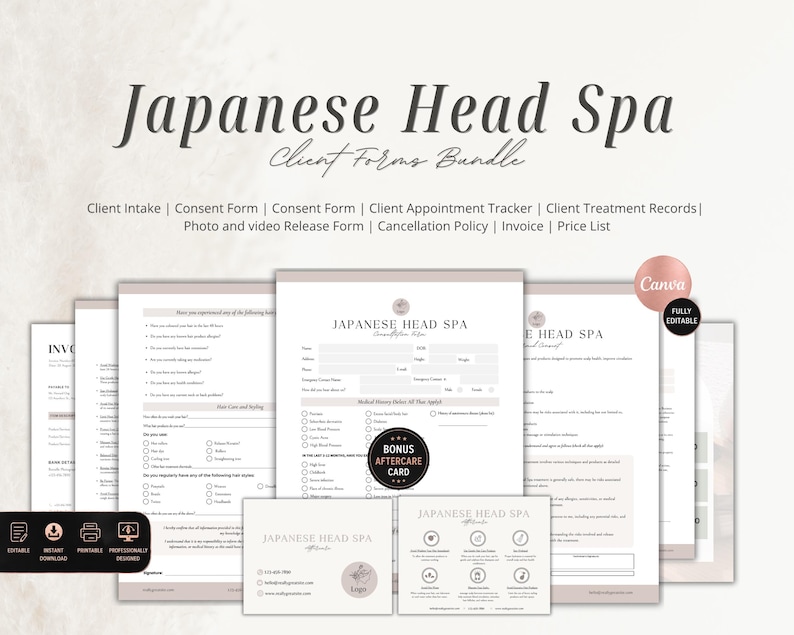 May include: A Japanese Head Spa client forms bundle featuring intake, consent, and treatment record documents. The set includes an appointment tracker, cancellation policy, invoice, price list, and aftercare card with a soft pink and white colour scheme.
