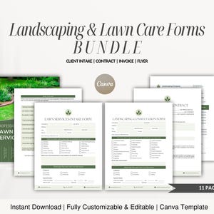 May include: A Canva template bundle for landscaping and lawn care businesses. The bundle includes 11 pages of forms, including a client intake form, contract, invoice, and flyer. The forms are customizable and editable.