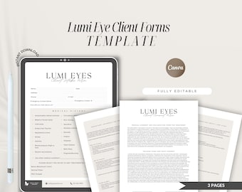 May include: A three-page printable client intake form template for Lumi Eyes, a beauty business. The template includes a client intake form, medical consent and release form, and information about lash extensions. The template is fully editable in Canva.