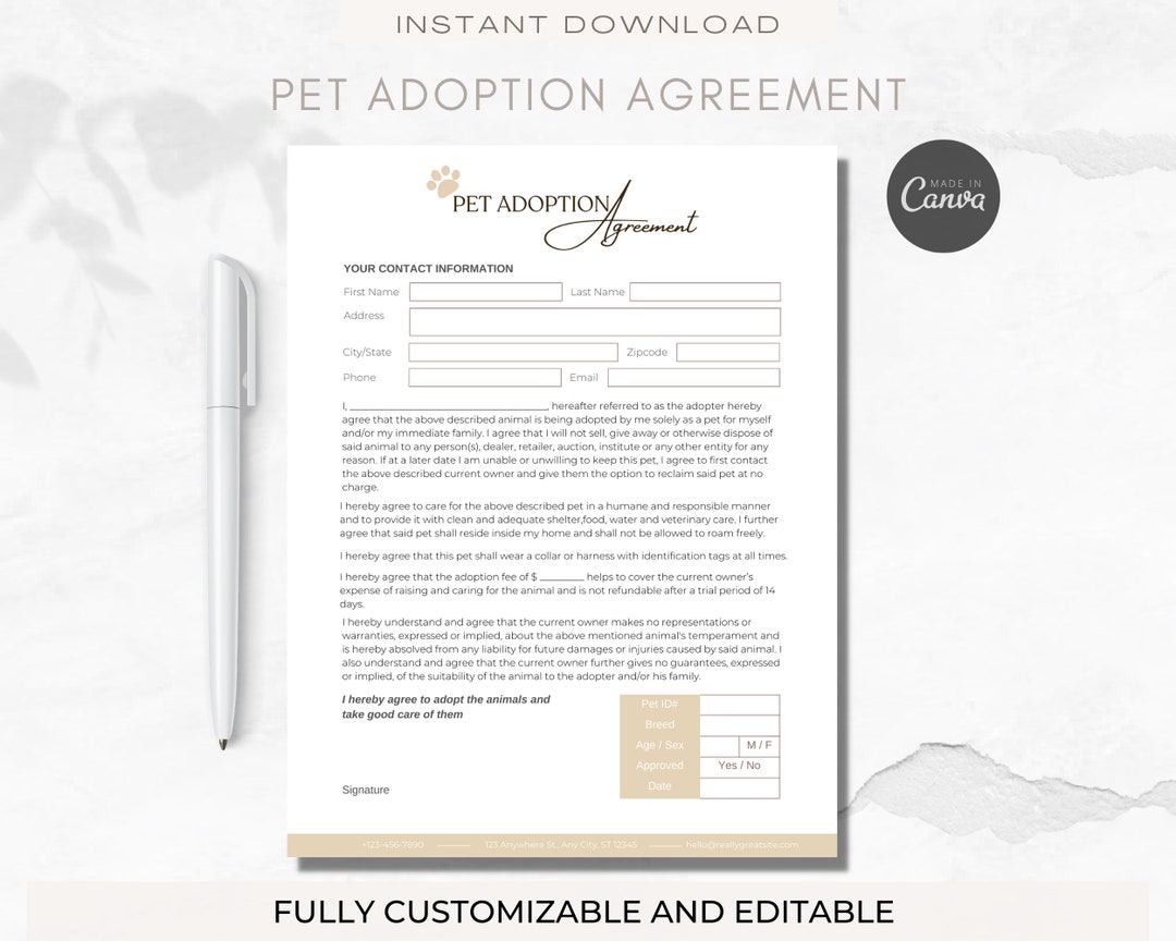 Editable Pet Adoption Agreement,pet Adoption Contract,pet Adoption