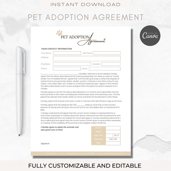 Editable Pet Adoption Agreement,Pet Adoption Contract,Pet Adoption,Adopt a pet Contract,Puppy Adoption,Pet Adoption Form,Animal Adoption