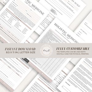 Op de afbeelding: Een verzameling afdrukbare sjablonen voor holistische geneeskunde, inclusief formulieren en vragenlijsten. De documenten zijn in een neutraal kleurenpalet met de tekst "Holistic Medicine" en "Instant Download 8,5 x 11 inch | Letter Size".