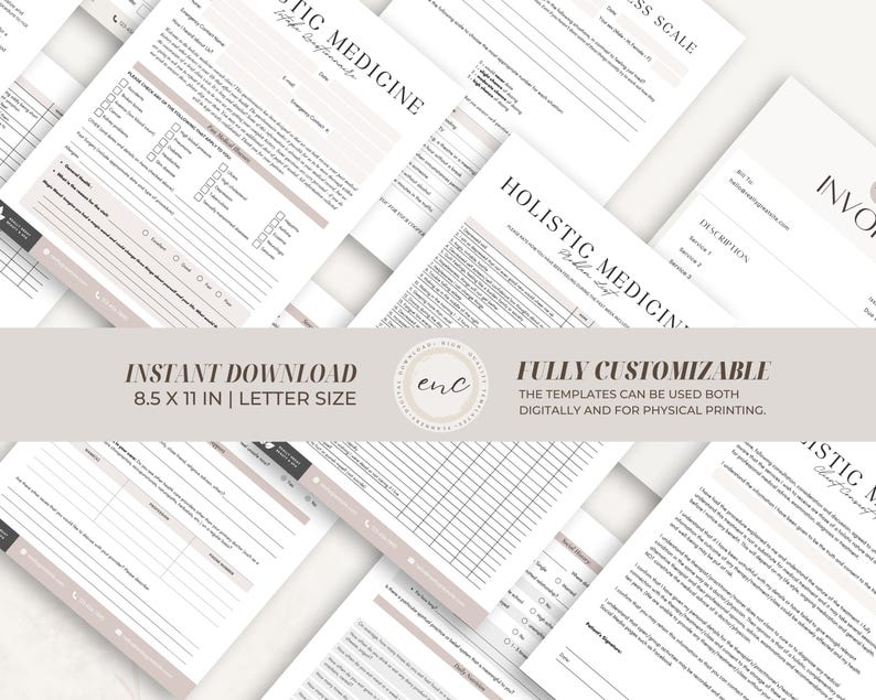 Op de afbeelding: Een verzameling afdrukbare sjablonen voor holistische geneeskunde, inclusief formulieren en vragenlijsten. De documenten zijn in een neutraal kleurenpalet met de tekst "Holistic Medicine" en "Instant Download 8,5 x 11 inch | Letter Size".