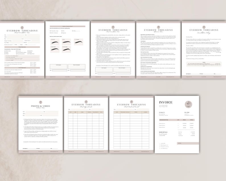 Op de afbeelding: Een verzameling van negen printbare zakelijke formulieren voor wenkbrauwthreading-diensten, inclusief klantintake, toestemming, beleid, fototoestemming, afsprakenlogboeken en een factuur. Elk document heeft een strakke, professionele lay-out met tekst.