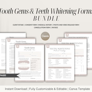 Puede incluir: Un conjunto de nueve formularios imprimibles para gemas dentales y servicios de blanqueamiento dental. Los formularios incluyen la admisión del cliente, el consentimiento, la historia clínica, la autorización de fotos y videos, la cancelación y la factura. Los formularios están diseñados en un estilo minimalista con un fondo marrón claro y texto blanco.