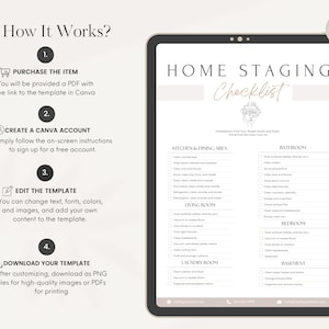 May include: A digital tablet displaying a home staging checklist with a light brown background. The checklist includes categories for the kitchen and dining area, living room, laundry room, bathroom, bedroom, and basement. Each category has a list of tasks to complete, such as cleaning surfaces, dusting furniture, and organising items.